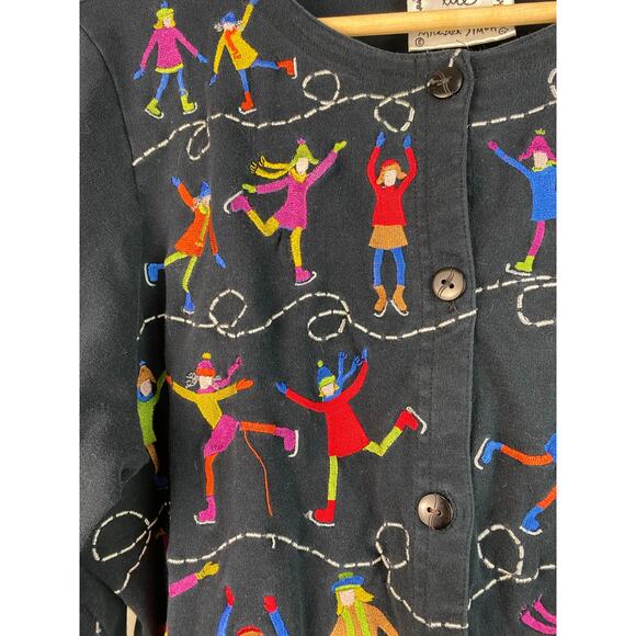 Michael Simon Lite Women's Size M Black Colorful Embroidered Ice Skaters Sweater - Picture 2 of 6